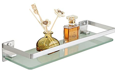 SAYAYO Bathroom Shelf Tempered Glass Shelf Wall Mounted, Brushed Shower Storage with SUS304 Stainless Steel Rail, 38CM Length, EGDL1001-LS