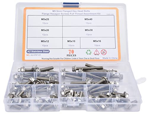 Ausla M5 Flanged Hex Bolts, 70Pcs 10/12/16/20/25/30/40mm Stainless Steel M5 Hex Socket Head Cap Flange Bolts Fastener Flange Nut Assortment Set for Home Appliance Repair
