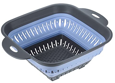sourcing map Silicone Collapsible Colander, Square Collapsible Strainer with Handles Silicone Food Strainers for Draining Pasta Potatoes Fruits Vegetables-Blue