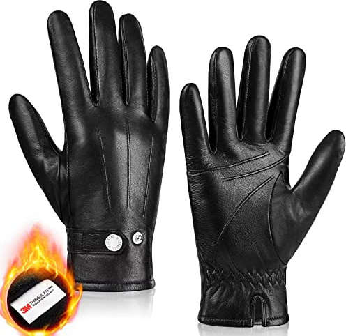 MAGILINK Genuine Sheepskin Leather Gloves For Men, Winter Warm Touchscreen Gloves Thinsulate Lined, Driving Motorcycle Gloves(Black-L)
