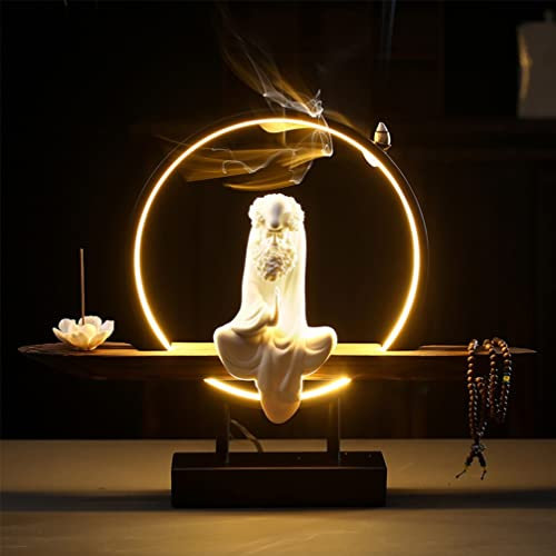 HOTRA Buddha Lotus Rückfluss Räuchergefäß Lachender Buddha aus Keramik Räucherstäbchen mit LED Licht Feng Shui Zen Figur Wohnkultur (Color : Bodhidharma)