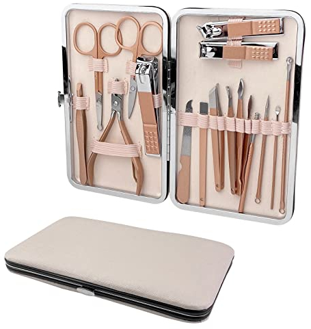 Relota Nagelknipser Set Edelstahl Roségold, 18-teiliges Maniküre Set Beige Leder Nageletui Leicht Tragen, Nagelset Nageletui Beauty Nagelpflege Professionelle Kit für Zuhause, Reisen
