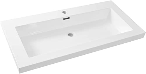 Saqu Waschbecken 1 Hahnloch 100x46 cm - Kunstmarmor weiß - Waschbecken für Unterschrank, Waschtisch für Badmöbel Set