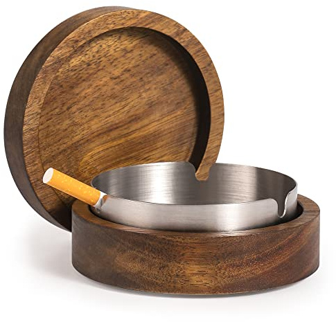 DDAJJAJ Cenicero de madera con tapa para ahumadores, forro de acero inoxidable, resistente al viento, duradero, fácil de limpiar, patio, oficina y hogar (gris)