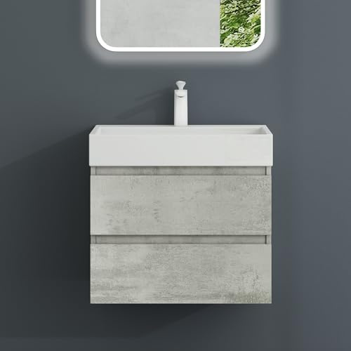 Mai & Mai Waschbeckenunterschrank inkl. Waschbecken und Ablaufgarnitur | Badmöbel-Set, Waschtisch mit Unterschrank 60x38x56cm in Beton Verona