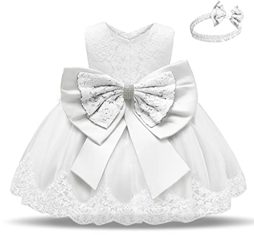 Bébé Filles Robes de Baptême En Dentelle Robe Nœud Papillon Princesse Fête Robe avec Bandeau Enfant en Bas âge Fille Formelle Mariage Anniversaire Bal de Promo Robes pour Enfants Blanc 6-9 Mois
