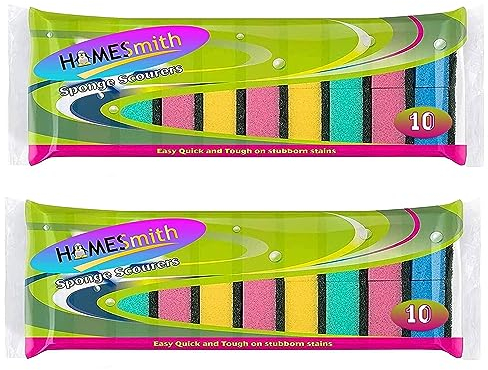 HOMESmith Lot de 2 Paquets de 10 éponges Double Face absorbantes, Anti-Rayures, réutilisables, en Mousse, Couleurs mélangées