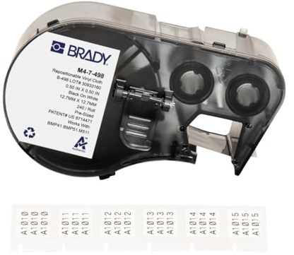 Brady Repositionierbare Vinyl-Vorgefertigte Etiketten für Etikettendrucker BMP41/BMP51/BMP53/M511-240 Selbstklebende Vinyl-Drucker-Etiketten - Schwarz auf Weiß (12.70 mm x 12.70 mm) - M4-7-498