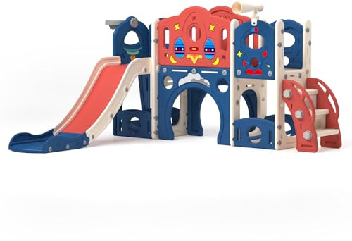 Nyeekoy 9-in-1 Castle Amusement Playground Playhouse, Indoor Outdoor Playset for Toddlers Age 1-3, Backyard Climber Play Set Slide for Kids Baby (Blue)