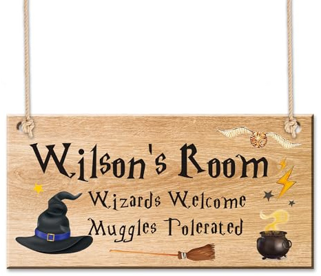 Personalised Wooden Room Gate Sign Wooden Hanging Gift Sign Plaque Magic Gift Bedroom Door Signs with Any Text Wizards Welcome Muggles Tolerated Sign Magic Wood Plaque(Design 2)