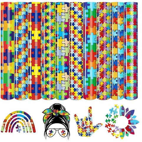 Tintnut Puzzle Muster Plotterfolie Textil Iron on Folie 10 stk 12x10in | Autismusaufklärung flexfolie plotter textil für kleidung & taschen DIY,dehnbar & waschbar,einfach schneiden entgraten