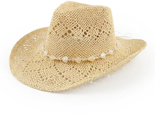 Michear Cowboyhut aus Stroh für Damen, Western-Cowgirl-Hut, Cowgirl-Hut mit Perlenbesatz und formbarer Krempe, beige, Einheitsgröße