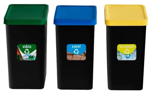Acan Tradineur - Set de 3 Cubos de Reciclaje - Verde (Vidrio), Amarillo (Envases) y Azul (Papel) - Capacidad: 28 litros - Plástico - Cubos para almacenamiento de basura - 46 x 25 x 35 cm