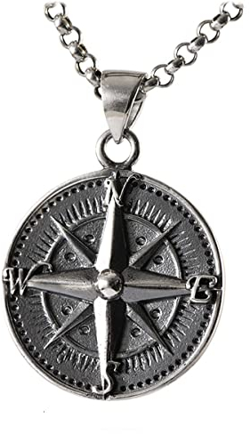 Halsketten mit Anhänger, Kompass-aus S925-Sterlingsilber für Herren Wikinger-Vintage-Kompass-Anhänger-Halskette Silber + Kette 60 cm