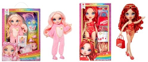 Rainbow High Junior High PJ Party - Bella (Pink) - 22 cm Puppe mit weichem Einteiler & Swim & Style - Ruby (Rot) - 28 cm Große Puppe
