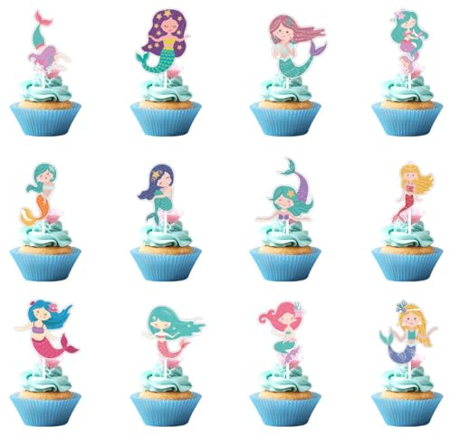 Meerjungfrau Cupcake Toppers 12 Stück Meerjungfrau Geburtstagsfeier Dekorationen Ozean Kuchendeko für Kinder Mädchen Babydusche Kuchen Dekor