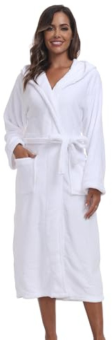 Bata de baño de felpa con capucha para mujer, de forro polar cálido, suave, largo y mullido, para ducha, spa, casa, kimono para mujer, Blanco, S-M