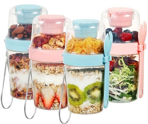 Vtopmart Paquete de 4 tazas de yogur de 27 onzas con tapas y cucharas, recipientes de avena durante la noche, compartimento reutilizable con tapas para desayuno con yogur, cereales o avena para llevar