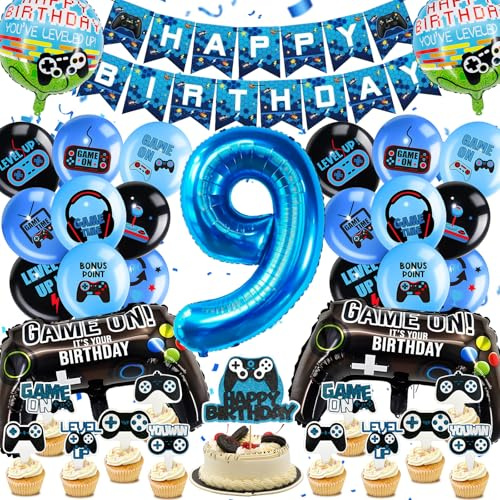 YianHien Videospiel Geburtstagsdeko 9 Jahre Jungen, Spiel Gamer Party Deko, XXL Gaming Controller Folienballon Deko, 9 Jahre Kinder Geburtstag Gaming Luftballons Deko Set mit Banner und Tortendeko