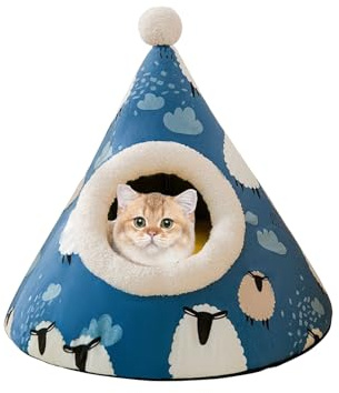 Galatée Katzenhöhlenbett, Bequemes Dreieckiges Haustier-Tipi, Hunde-Iglu-Zelt, Gemütliches Haustiernest, Weiches Plüsch-Haustierbett, Warmes Haustierzelt Für Katzen Und Hunde(L, Blau)