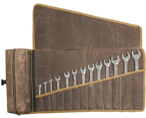 Kaaltisy Leinwand Wrench Roll, 16OZ gewachst Leinwand Werkzeugrolle (Grau), Wrench Organizer & 1 Reißverschlusstasche & 1 abnehmbare Werkzeugtasche - für Mechaniker Handwerker Repairman