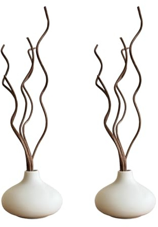 White Ceramic Vase, DIY Empty Reed Diffuser Bottle with Wavy Brown Rattan Sticks for Essential Oils, Set of 2, Aromatherapy, Modern Minimal Decor