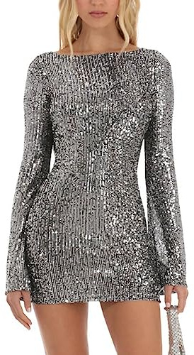 Edhomenn Mini robe ample à paillettes pour femme, col rond, manches courtes, robe de fête fluide à paillettes, 07 Argenté, M