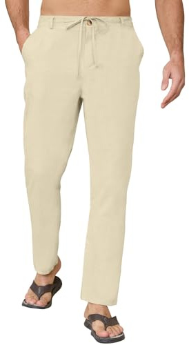 Yutdeng Pantalone Lino Uomo Estivo e Cotone Pantaloni Larghi Lunghi Pantaloni Casual Leggeri con Coulisse Cerniera Tasche Pantalone Tuta Uomo da Yoga Spiaggia