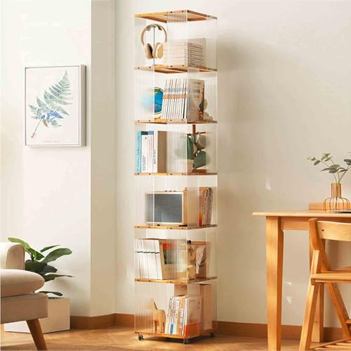 Drehbares Bücherregal, 360° Display Drehbares Bücherregal Bodenstehendes Bücherregal, Drehbares Bücherregal Aus Klarem Acryl und Massivholz Für Kinderspielzimmer, Schlafzimmer und Wohnzimmer