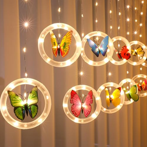 Frühlingsdeko Schmetterlings Lichtervorhang Innen 3x3.5m Lichterketten Vorhang mit Timer, Vorhang Lichterkette Hängend USB Lichtervorhang Für Hochzeit Party Ramadan Wand Schlafzimmer Deko (Bunt)