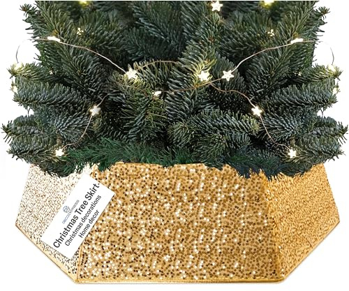 DECO EXPRESS Jupe de Sapin de Noël à Paillettes, Cache Pied de Sapin de Noel Brillant, Collerette Étincelante, Décoration Fête Festive, 68x25 cm (Or Paillette)