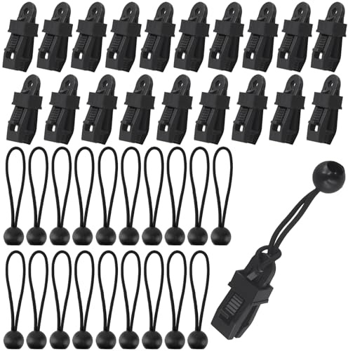 NAMYEUT 80PCS Tarp Clips Set, 40 Heavy Duty Tarpaulin Clips with 40 Ball Bungee Cords, Multi-Purpose Plastic Awning Clip Camping Accessories for Fixing Tarpaulin, Awning