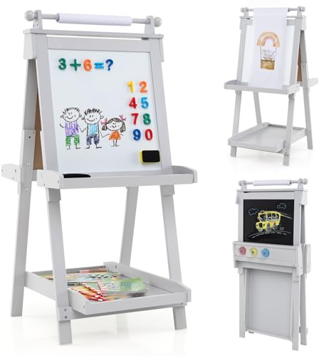 Costzon Easel for Kids, 3 in 1 Foldable Art Easel with Magnetic White Board, Chalkboard, Paper Roll, 3 Paint Cups, 3 Storage Trays & 3 Adjustable Heights, Drawing Stand for 3+ Toddlers (Gray)