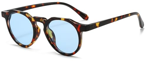 Long Keeper Retro runda solglasögon kvinnor män små vintage tonade solglasögon runda nattkörningsglasögon unisex mode runda glasögon med UV400 skydd, Leopard ram – blå glas, 45 mm