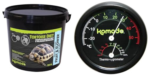 Komodo Tortoise Care Bundle – Complete Holistic Tortoise Diet Fruit & Flower 2kg Tub + Combined Thermometer & Hygrometer, Analog Black