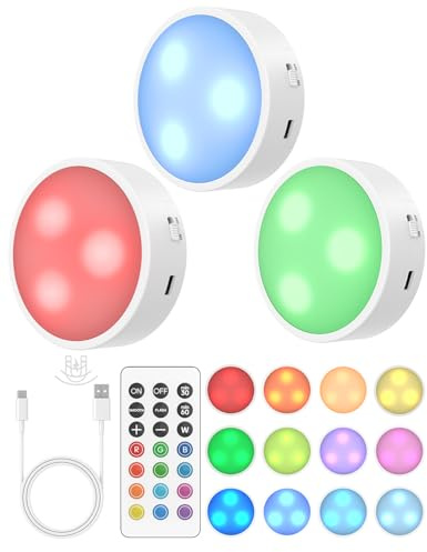 Skåpbelysning inbyggd lampa batteri puck lampor med fjärrkontroll – dimbar LED-spot batteri touch-lampa – 13 färger USB-klänningar skåp vitrinskåp underkryssningsbelysning, set om 3