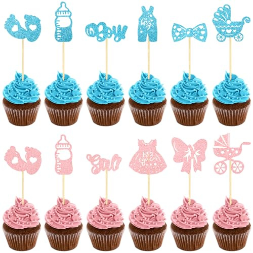 NISENTIA 24 Stück Junge oder Mädchen Cupcake Toppers,Boy or Girl Tortendeko Babyparty, Baby Cupcake Toppers, Glitzer Gender Reveal Party Deko für Baby Shower Kindergeburtstagtoppers Glitter
