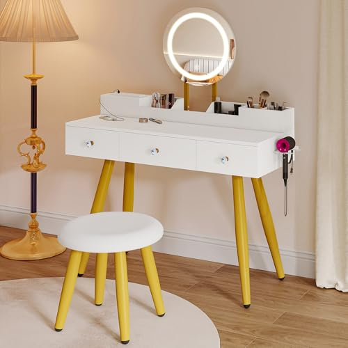 YITAHOME Sminkbord med LED-spegel och pall, 3 lådor och sminkhylla, integrerad luftkonditionering och USB-portar, högglansig finish, moderna utsvängda ben, 100 × 40 × 85 cm, vitt