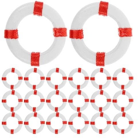 Veemoon 50pcs Mini Nautical Life Buoy Decoration Resin Red Miniature Swim Ring Coastal Table Decor Dollhouse Lifebuoy Mediterranean Beach Figurines for Home and Nautical Craft