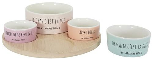 Les Vilaines Filles LA Chaise Longue - Plateau Apéro Service De Table - Céramique Grès et Bambou - 4 Bols Colorés avec Messages Amusants - Ø22 cm - 750 g - Lavable à la Main - Multicolore