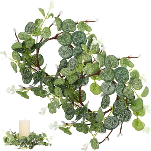 Housoutil 9.43'' Ostern Kerzenkranz mit Eukalyptus und Beeren, 2 Stück Kerzenring für Stumpenkerzen und Stabkerzen, Künstliche Frühlingsdeko für Tisch, Hochzeit und Ostern