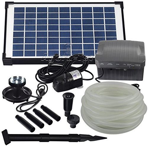 Agora-Tec® at-Solar Bachlaufpumpen - Set 10W-BLH mit Akku und 6- Fach LED Ring inklusive 9 Meter Bachlaufschlauch und LED Halterung, Hmax.: 600l/h Förderhöhe: 2,45 m bei Verwendung eines Schlauches