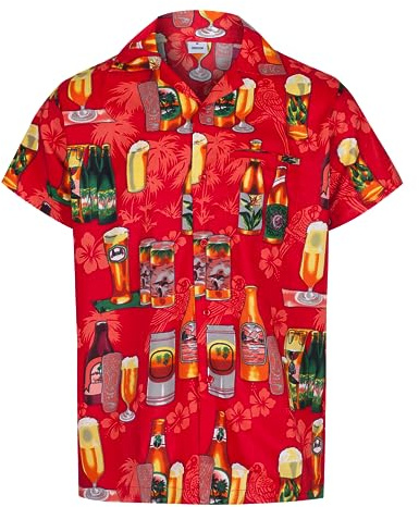 REDSTAR Camisas Hawaianas para Hombre - Camisa de Manga Corta Divertida y Casual con Botones para Disfraz Hawaiano para Hombre, Despedidas de Soltero o Vacaciones en la Playa - Red (S)