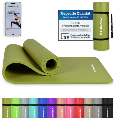 MSPORTS Gymnastikmatte Premium – rutschfeste Fitness- & Yogamatte | Hautfreundlich - inkl. Tragegurt, Übungsposter & Workout-App - 190 x 100 x 1,5 cm - Olivé