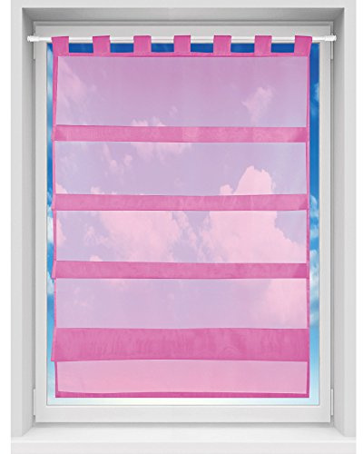 Bestgoodies Bistrogardine in transparent mit Raffoptik, einfarbige und lichtdurchlässige Voile-Scheibengardine mit Schlaufe, in vielen Größen verfügbar (80 x 110 cm/pink - rosa)