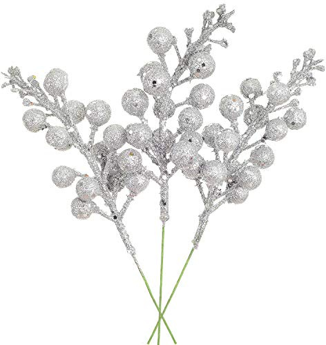 Artiflr 14 Pack Christmas Glitter Berries Stems Clearance, 7.8 Inch Artificial Christmas Picks for Christmas Tree Ornaments, DIY Xmas Wreath, Crafts, Holiday and Home Decor, Silver