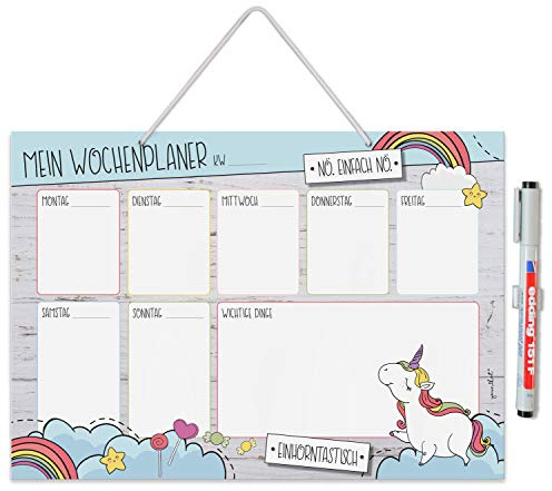 younikat Wochenplaner Einhor DIN A4 zum Aufhängen | inklusive Aufhängung, Stiftehalter und Stift, zum Beschriften, die Woche im Blick, Organizer