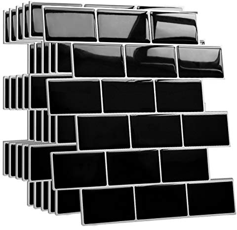 Yoillione Upgrade Dickere 3d Fliesenaufkleber Aufkleber für Bad Küche, Klebefliesen Vinyl Fliesen Selbstklebend Fliesenfolie, Weiß PVC Metro Fliesen Selbstklebend (10, Schwarz)