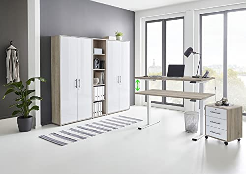 Büromöbel komplett Set mit elektrisch höhenverstellbaren Schreibtisch Arbeitszimmer e-Dition in Eiche Sonoma/Weiß Matt Gestell Weiß (Set 10)