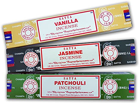 Lote Incienso Aromático x 3 Satya Incienso Vainilla + Jazmín + Patchouli | Incienso Natural Aromaterapia | Varitas de Incienso | 3 Cajas de 15 grs.